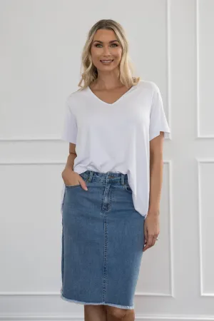 Frayed Denim Skirt | Mid Wash