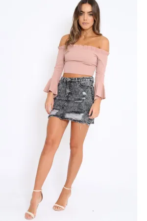 Grey Denim Rip Mini Skirt - Selenia