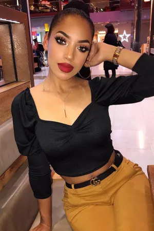 Black Crepe Sweetheart Puff Sleeve Crop Top - Porsha