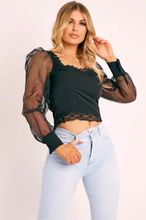 Black Lace Trim Puff Sleeve Crop Top - Bethan