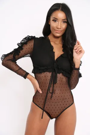 Black Mesh Polka Dot Bodysuit - Pennie