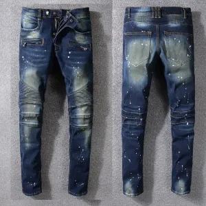 Blue with Paint Spots and Faded Partial Detail Men Slim Jeans