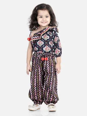 Girls Printed One Sleeve Ruffle Pure Cotton Top with Harem pant Co Ords Indo Western Clothing Sets- Black