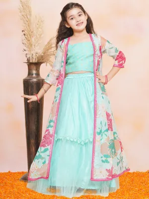 Girls Sea Green Multi Floral Printed Ready to Wear Lehenga & Blouse With Shrug