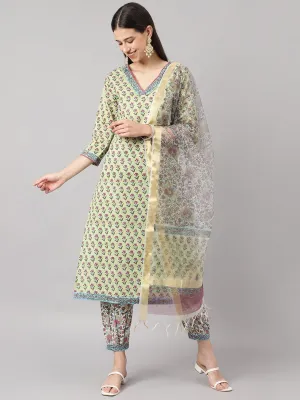 Green And White Cotton Hand Block Printed Kurta Pant Set With Dupatta