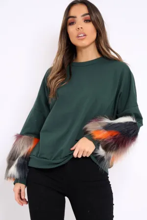 Green Sweatshirt with Multicolour Fur Sleeves - Loise