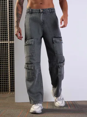 Men Grey Washed Multi Pocket Baggy Jeans