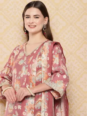 Peach-Coloured Printed Kurta With Harem Pants With Dupatta