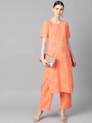 Peach Floral Sort Printed Kurta Set With Printed Pants