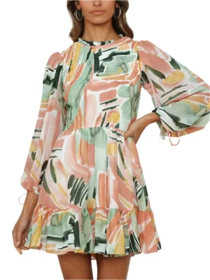 TEEK - Printed Multicolor Neck Balloon Sleeve Mini Dress