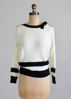 Vintage 1970s Black and White Boatneck Sweater