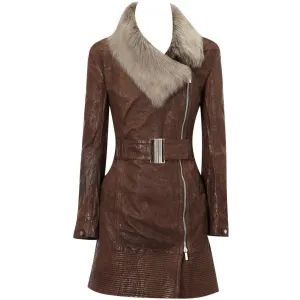 Womens Veg Leather Long Coat with Fur Collar